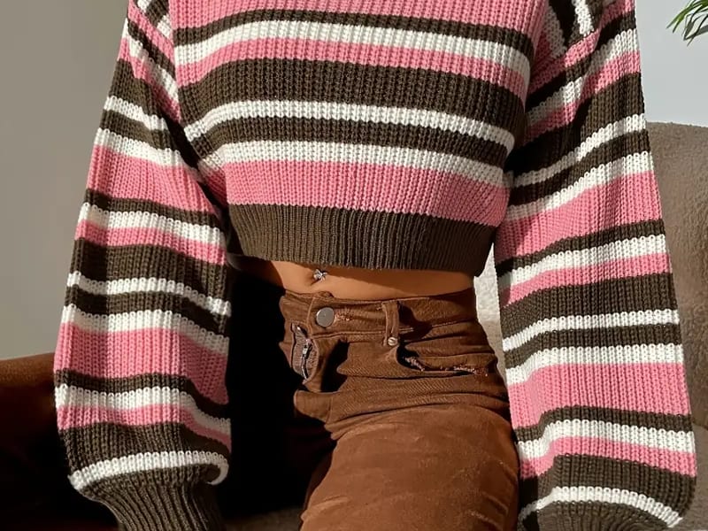 Women Striped Crew Neck Crop Sweater